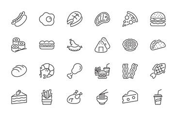 Fast food icon set. Burger, fried egg, fish, meat steak, pizza, hot dog, french fries, sushi, sandwich, sausage, taco, noodles, chicken, bread,shrimp, bacon, etc. Editable stroke, vector illustration.