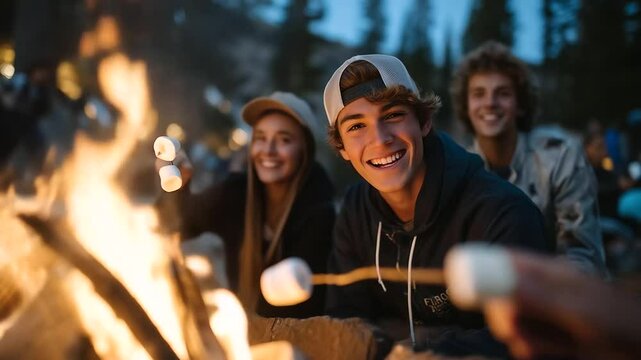 Group of friends gathers around a campfire at sunset near a forest lake, roasting marshmallows and laughing, orange flames illuminating joyful faces.