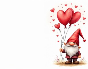 Cute gnome illustration holds heart-shaped balloons. Watercolor artwork love, romance, celebration for Valentine Day. Cheerful character red hat, beard, expresses joyful emotions, holiday mood.