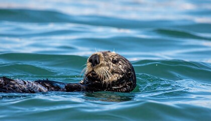 Serene sea otter floating peacefully in the rippling turquoise ocean water