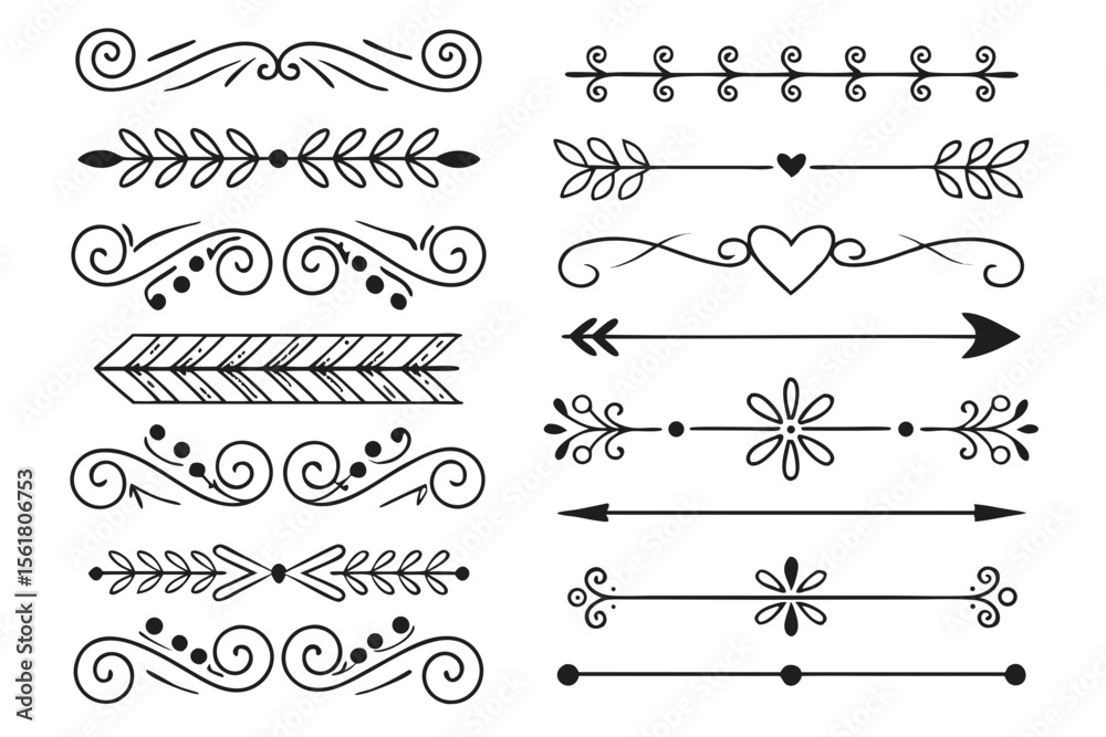 Fototapete collection of elegant line art dividers with arrows, curved swirls, and floral borders in hand-drawn