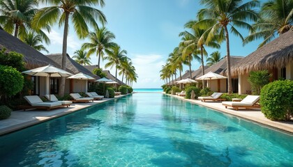 Luxury beachfront resort with villas private pools, ocean view. Rich palm trees turquoise water lagoon. Parasols, lounge chairs, perfect vacation destination. Paradise travel, leisure at tropical