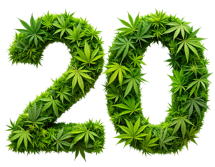 Creative Number 20 from Scattered Cannabis Leaves with Natural Flow, transparent background