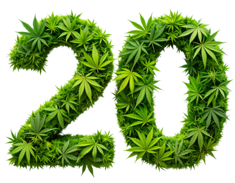 Creative Number 20 from Scattered Cannabis Leaves with Natural Flow, transparent background - Powered by Adobe