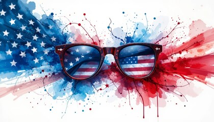 Close-up watercolor painting of patriotic sunglasses featuring an American flag design, perfect for celebrating Independence Day. Concept of American pride and festive spirit