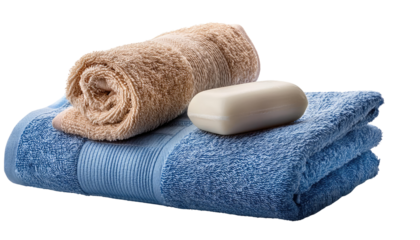 Spa Day Essentials: A serene display of folded towels and a bar of soap, evoking a sense of relaxation and cleanliness, perfect for bathroom decor and wellness projects.