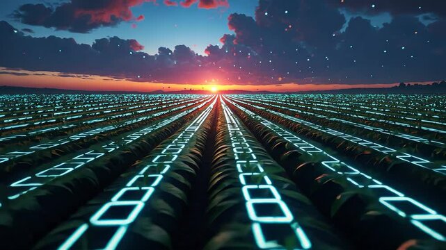 Sunset Over Digital Binary Field with Rows of Code and Vibrant Sky at Dusk Horizon Landscape