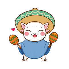 Naklejka premium Adorable White Cat in Sombrero Plays Maracas Fiesta Fun Illustration