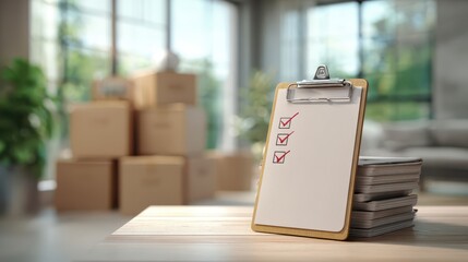 Housing moving checklist planning concept. Clipboard with checklist in a modern workspace surrounded by moving boxes.