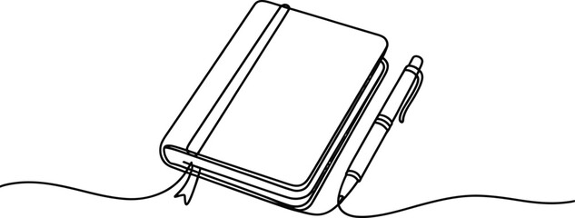 Continuous Line Drawing of a Notebook and Pen Symbolizing Creativity Writing and Planning Ideal for Minimalist Designs Educational Materials or Creative Project Illustrations on a