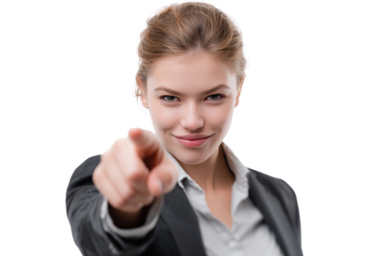 Smiling businesswoman pointing at camera PNG with a transparent background