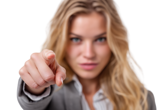 Smiling businesswoman pointing at camera PNG with a transparent background