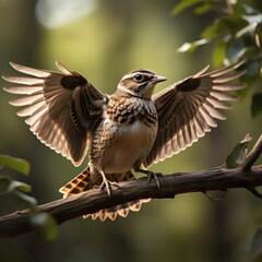 A small brown speckled bird with its wings outstretched is perched on a tree branch bathed in dappled sunlight