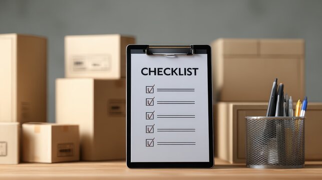 Housing moving checklist planning concept. Clipboard with checklist in front of boxes and a pen holder on a wooden table.