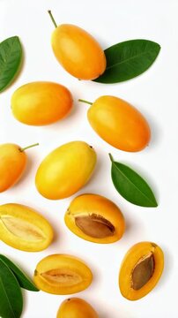 Marian plums arrangement, whole and halved with pits visible, green leaves scattered on white surface, tropical fruits.