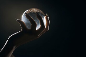 A delicate hand gently cradles a glowing crystal ball, radiating wonder and mystique.