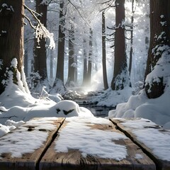 A snow covered wooden surface provides a foreground to a serene winter forest scene with tall trees snow laden ground and a hint of sunlight filtering through in the distance