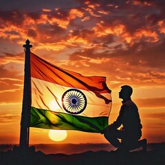The silhouette of a person kneeling before a majestic indian flag at sunset symbolizing reverence and patriotism