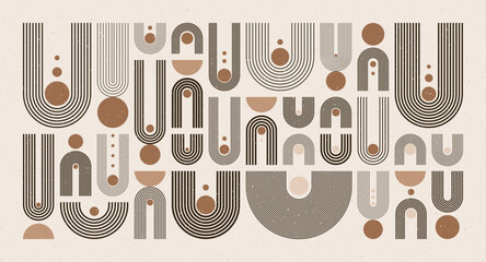 Arch and circle elements, modern geometric shapes. Contemporary design, mid century minimalist art. Trendy design elements for wall decor, posters, books, covers and flyers. Vector illustration