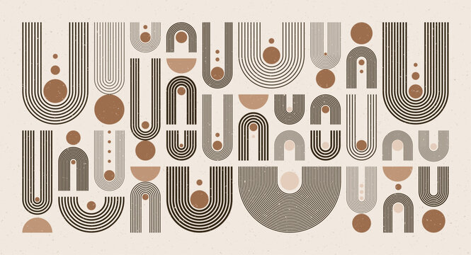 Fototapeta Arch and circle elements, modern geometric shapes. Contemporary design, mid century minimalist art. Trendy design elements for wall decor, posters, books, covers and flyers. Vector illustration