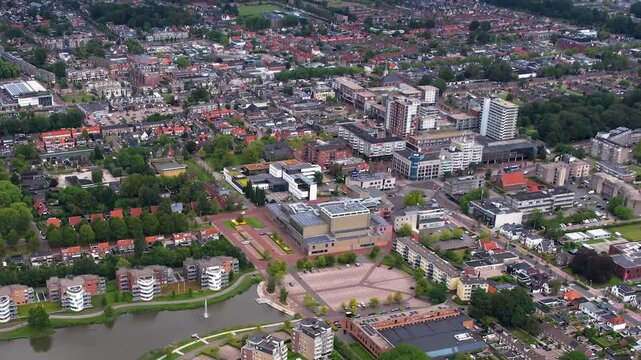 An panorama Aerial view of the old town of the Drachten city Groningen in the Netherlands on a sunny day in summer.