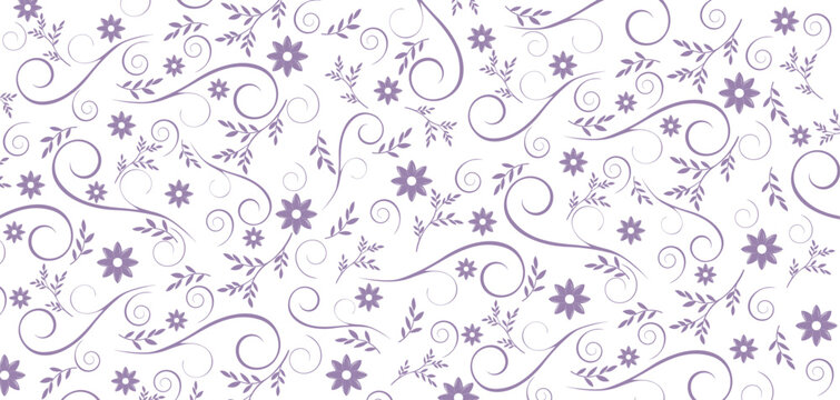 Purple flower pattern with swirls and floral design with white background. Used for notebooks, wallpapers, backgrounds, journals, cards.