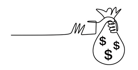 a continuous line art of a hand holding a bag filled with dollar bills. business, profit, finance, and success icons