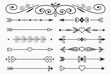 Whimsical Divider Elements Featuring Elegant Arrows, Floral Accents, and Curved Borders in Hand-Drawn Black Vector. Decorative Set for Layouts and Design.

