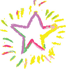 Hand-drawn rainbow colors star scribble with waxy crayon texture. Messy and fun children's style grunge element of sky or sparkle. Vector art shiny element for kindergarten Xmas designs.