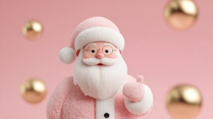 Cute Santa Claus figurine in pink attire with a thumbs-up gesture, set against a pastel pink background with golden ornaments.