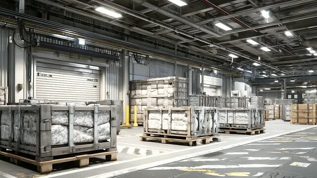 Airport warehouse section filled with temperature-sensitive cargo crates.