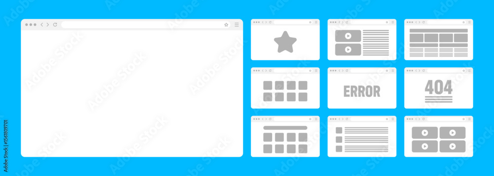 Fototapete Web browser window, pages layout with toolbar and search field. Modern website, internet page in flat style. Browser mockup for computer, tablet and smartphone. Adaptive UI. Vector illustration