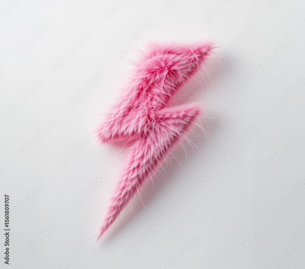 Fototapete pink thunder icon shape with fur. 3d furry texture design element isolated on white background. ador
