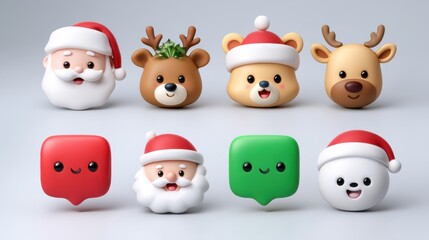 Naklejka premium Cute 3D cartoon Christmas characters featuring Santa, reindeer, and festive icons on a light background. Perfect for holiday themes and decorations.