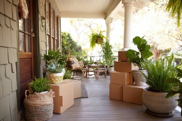 Housing moving checklist planning concept. A charming porch scene with plants and stacked boxes, inviting relaxation and warmth.