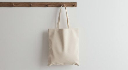 Minimalist Beige Tote Bag: A simple and stylish beige tote bag hangs from a wooden rack on a neutral-toned wall, representing eco-friendly fashion and everyday functionality.