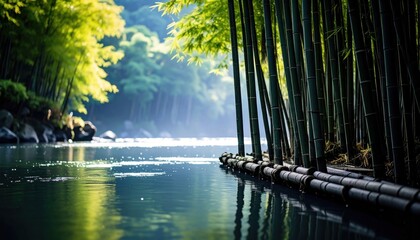 Serene waterscape with bamboo grove casting reflections on tranquil river