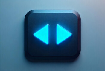 A dark rounded square button with two glowing cyan blue triangle symbols pointing outwards resembling a rewind fast forward or expand collapse icon