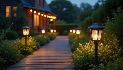 Pathway lights illuminate wooden pathway leading toward house. Warm lighting creates cozy atmosphere. Greenery surrounds pathway, enhancing natural setting. Evening lights, garden decor.