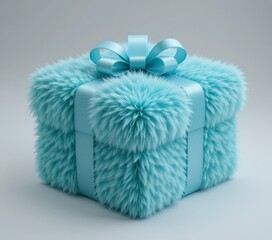 Fluffy colorful gift box with bow isolated on white background, adorned with a unique fur texture and satin ribbon.