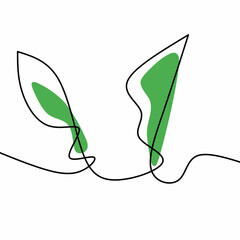 Minimalist one line drawing of two green leaves connected by a continuous black line. The design combines simplicity and organic form, ideal for eco-friendly themes, botanical art, and modern decor.