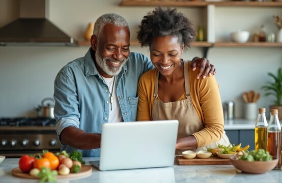 Happy African American senior couple preparing meal together in kitchen using laptop. Elderly man, woman smile while cooking dinner. Healthy retirement lifestyle, home food, joyful relationship.