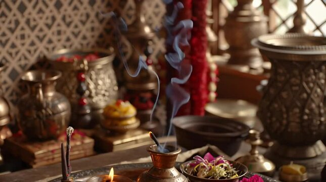 Hindu puja thali with flowers and candles for diwali celebration and traditional rituals at home