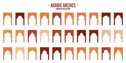 Islamic frames, oriental style objects. Arabic shapes, windows and arches. Traditional ornamental banner, frame. Muslim holidays, Ramadan Kareem. Modern eastern architecture. Vector illustration