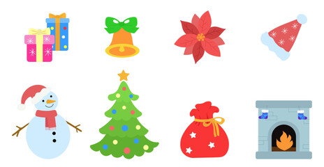 Christmas theme set isolated on a white background. Vector illustration for card, invitations and christmas decor. Christmas tree, snowman, gift box, fireplace, gift bag, santa cap, bell, poinsettia.