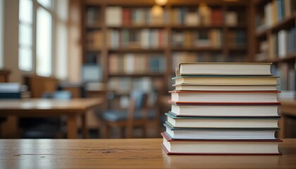 Fototapeta premium A stack of books is placed on a wooden table with a blue background