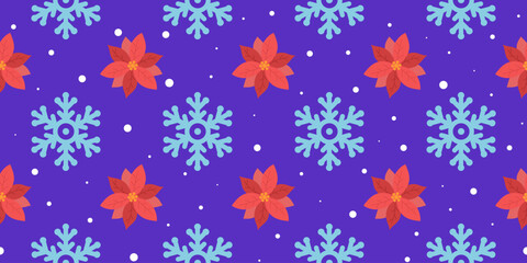Snowflake and christmas flower on a violet background. Seamless pattern under clipping mask, convenient for editing. Festive background for paper, cover, textile, gift wrap.
