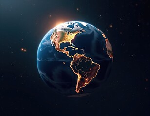 Night view of Earth from space, with blue oceans, continents lit by golden lights. Cosmic digital artwork, ideal for astronomy projects, global concepts. Stars in background, perfect for design