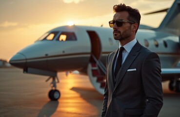 Handsome businessman in black suit stands before private jet. Successful executive, millionaire concept. Luxury lifestyle, wealth, business, leadership, power. Airport runway, aviation, corporate