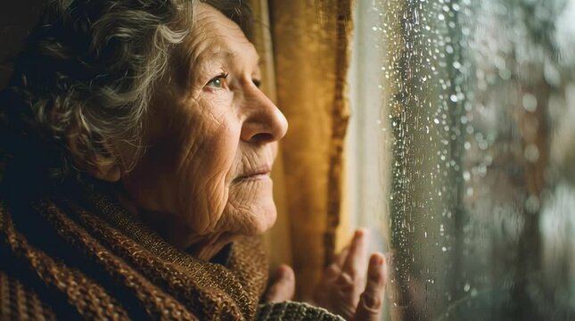 Sad elderly woman looking out window on rainy day loneliness and isolation in old age care home 100